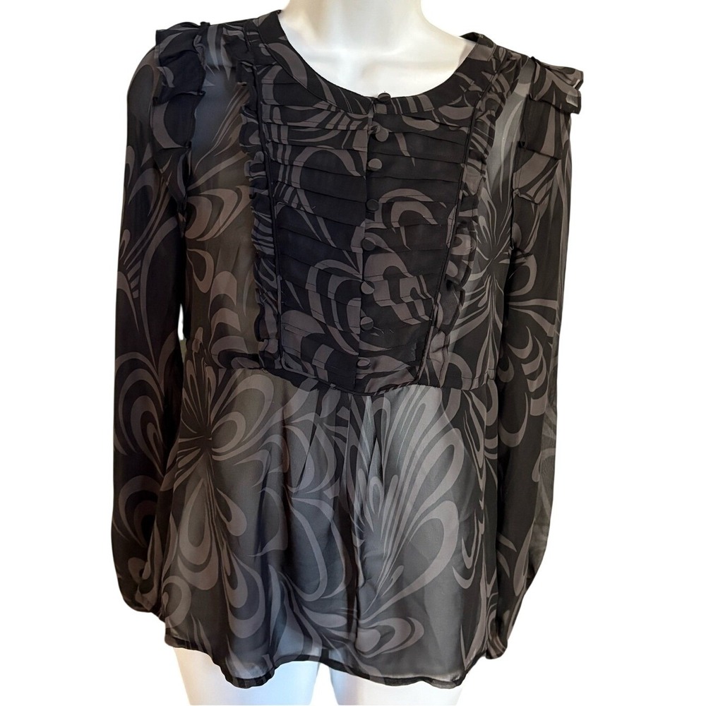 Elle Sheer Black & Gray Swirl Ruffle Blouse